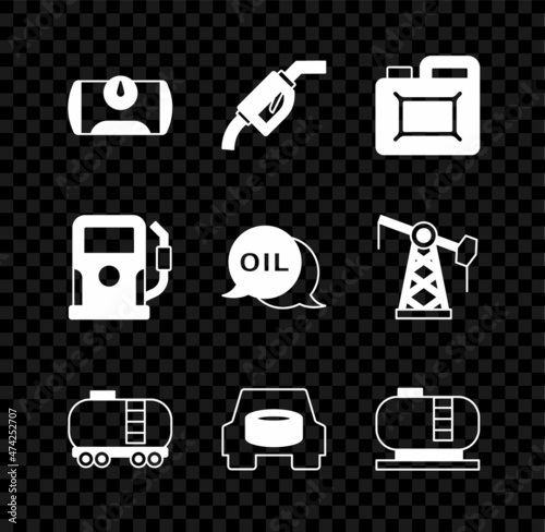 Set Gas tank for vehicle, Gasoline pump nozzle, Canister motor oil, Oil railway cistern, Spare wheel the car, storage, Petrol gas station and Word icon. Vector