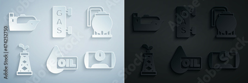 Set Oil drop, tank storage, rig, Gas for vehicle, filling station and tanker ship icon. Vector