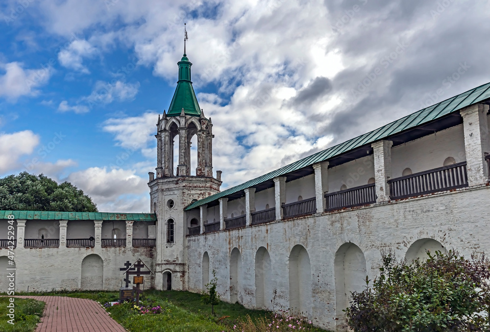 Monastery wall and corner tower. Spaso-Yakovlevsky monastery, city of Rostov, Russia. Established in 1389