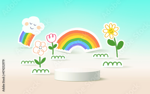 Minimal background mock up with podium for kids product display.