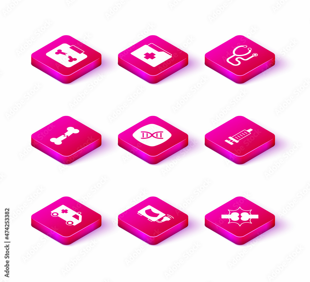 Set Ambulance car, Ultrasound, Human broken bone, DNA symbol, Joint pain, knee pain, Syringe, Stethoscope and Patient record icon. Vector Set Ambulance car, Ultrasound, Human broken bone, DNA symbol, Joint pain, knee pain, Syringe, Stethoscope and Patient record icon. Vector