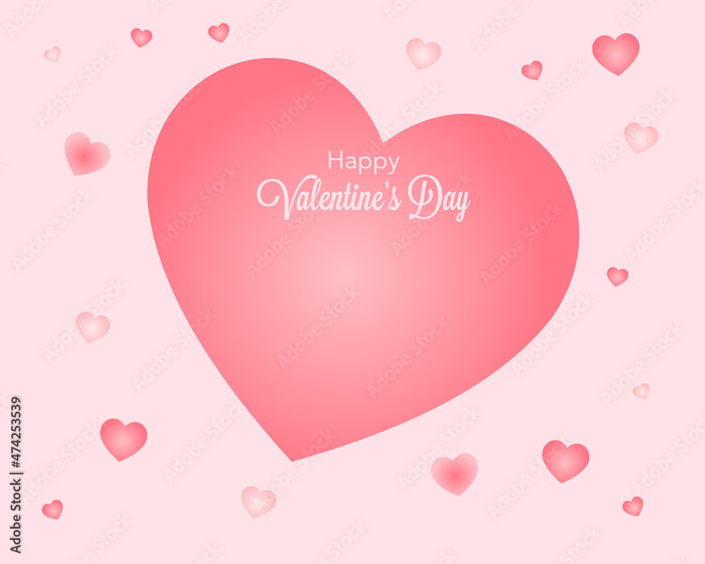 wallpaper with a big heart and in the center the words happy Valentine's day surrounded by pink hearts, with copy space