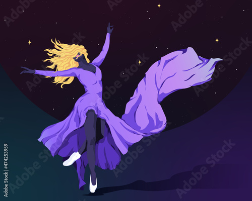 Woman dancing in the wind at night