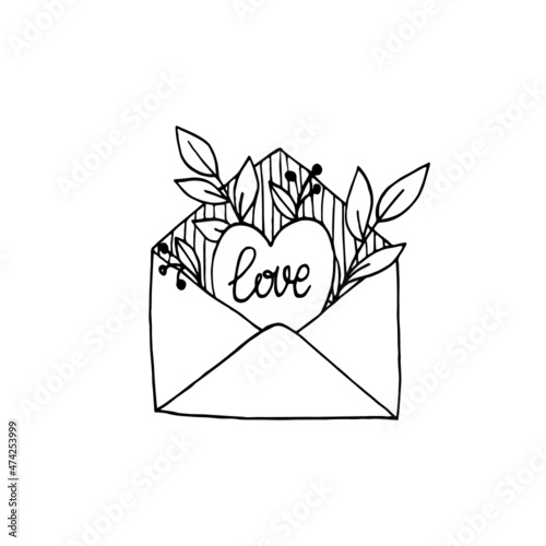 Hand drawn envelope with heart and flowers. Black outline design element for Valentines Day. Simple vector illustration.