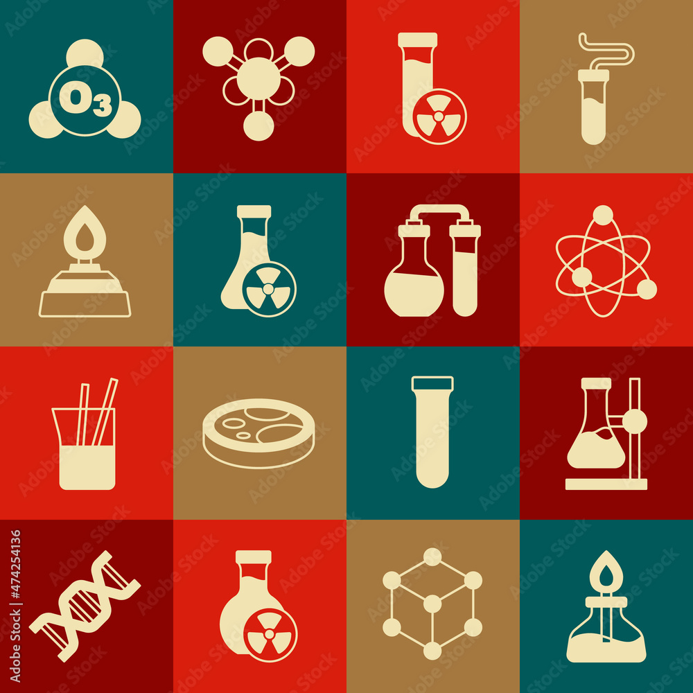 Set Alcohol or spirit burner, Test tube flask on stand, Atom, with toxic liquid, Ozone and icon. Vector Set Alcohol or spirit burner, Test tube flask on stand, Atom, with toxic liquid, Ozone and icon. Vector