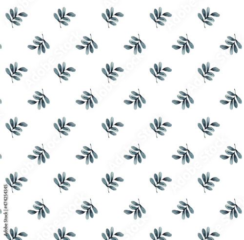 Watercolor seamless pattern with blue branches leaves for textile wallpaper on darn background © Yanna Verver