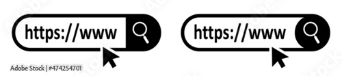 Address and navigation bar icon. Search bar in two styles. Search engine window with arrow. Search www http signs.