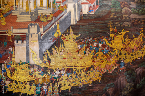 Fragment of a fresco with scene from the Ramakien at Wat Phra Kaew or Emerald Buddha Temple a tourist landmark in Bangkok, Thailand