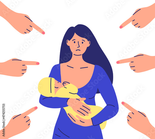 Discussions between mother and child. A mother with a baby in her arms and pointing her fingers at her. Society criticizes mom. Vector illustration