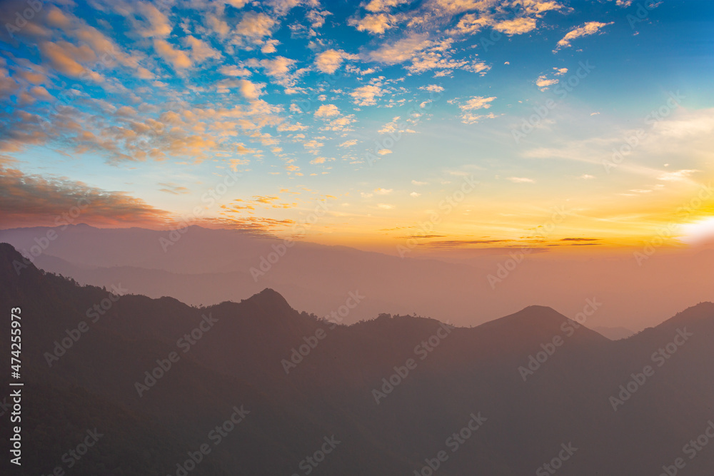 Aerial view of morning mist at tropical rainforest mountain, background of forest and mist, Aerial top view background forest. 