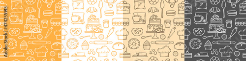 Bakery and dessert pattern in trendy linear style - seamless pattern with linear icons related to bakery, cafe, cupcakes and logo design templates