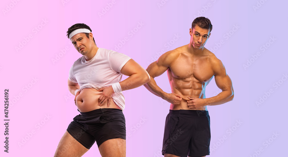 Awesome Before And After Weight Loss Fitness Transformation. The Man Was Fat  But Became Athlet. Fat To Fit Concept. Stock Photo | Adobe Stock
