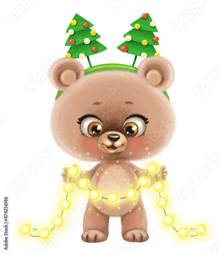Cute cartoon baby bear in hoop with Christmas trees on head hold in paws garland with shining bulbs isolated on white background