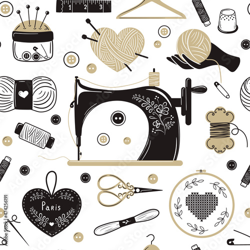 Needlework, knitting and sewing. Various sewing tools. Needles, scissors, yarn, sewing machine, spools, threads, etc. Hand drawn vector pattern.