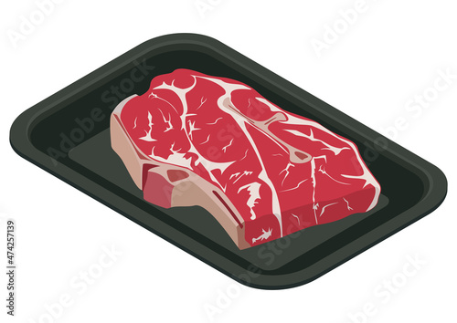 Fresh beef steak in a plastic container, isometric view. 7-Bone steak. 3D rendering. Vector illustration.