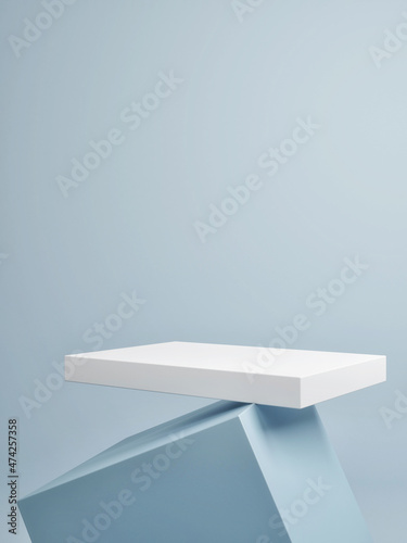 Mock-up illustration of geometric podium for product presentation, blue background, 3d illustration.