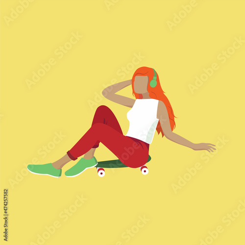 Illustration of a girl with headphones on a skateboard