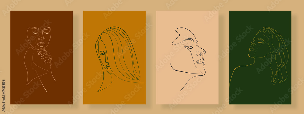 Continuous line, drawing of set faces and hairstyle, fashion concept, woman beauty minimalist, vector illustration