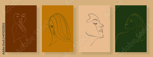 Continuous line  drawing of set faces and hairstyle  fashion concept  woman beauty minimalist  vector illustration