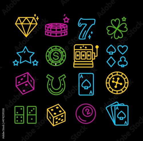 Casino neon icons. Neon-style templates. Vector illustration in doodle