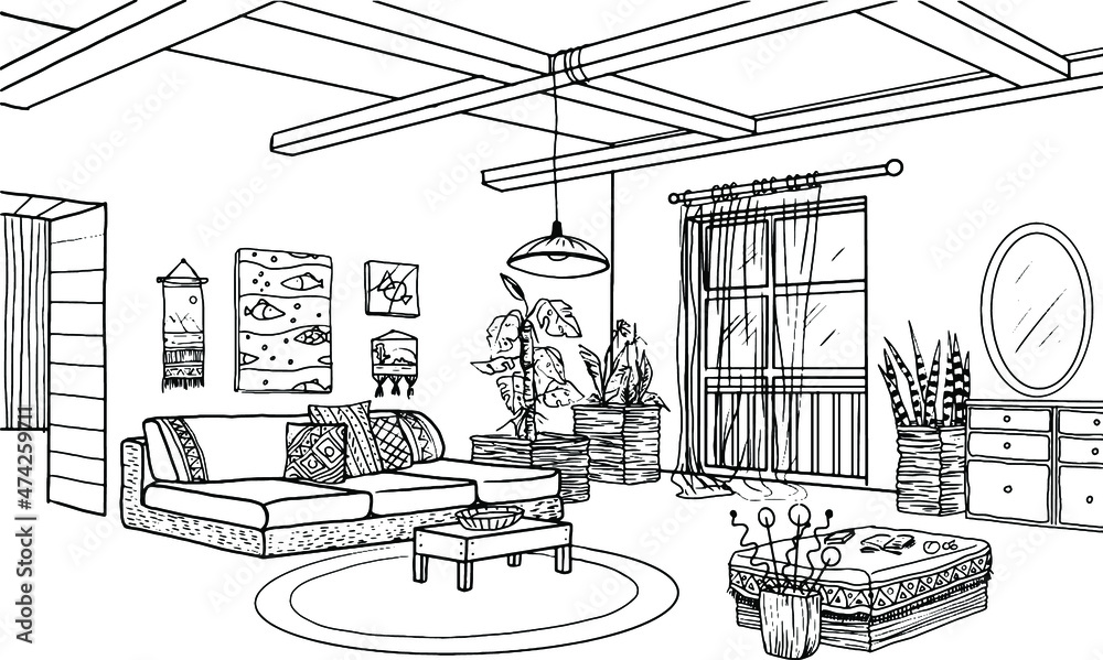 coloring book, home interior coloring, a room with an interior in the ...