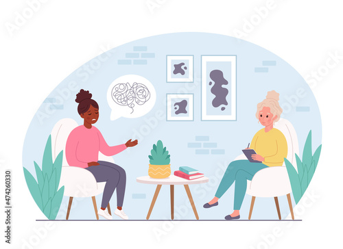Woman talking with psychologist. Psychology therapy, mental health, depression. Vector illustration
