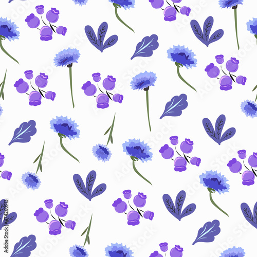 Seamless pattern with cornflowers and blueberries.