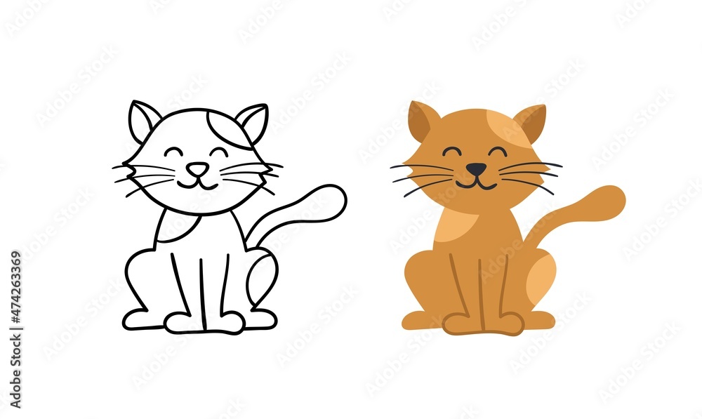Fototapeta premium Cute hand-drawn cat character. Vector pet animal. Contour and color version.