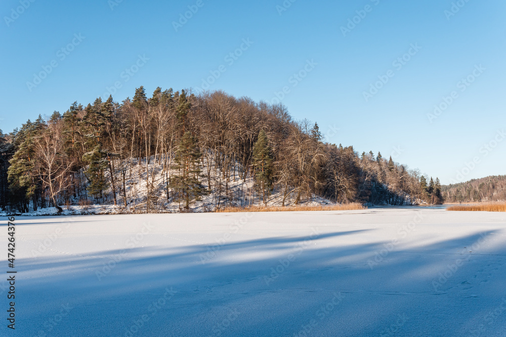 a view to a just frozen lake on a sunny winter day with a forest in a background 