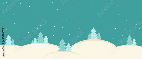 Winter background with snowdrifts and Christmas trees on a blue sky with snow.