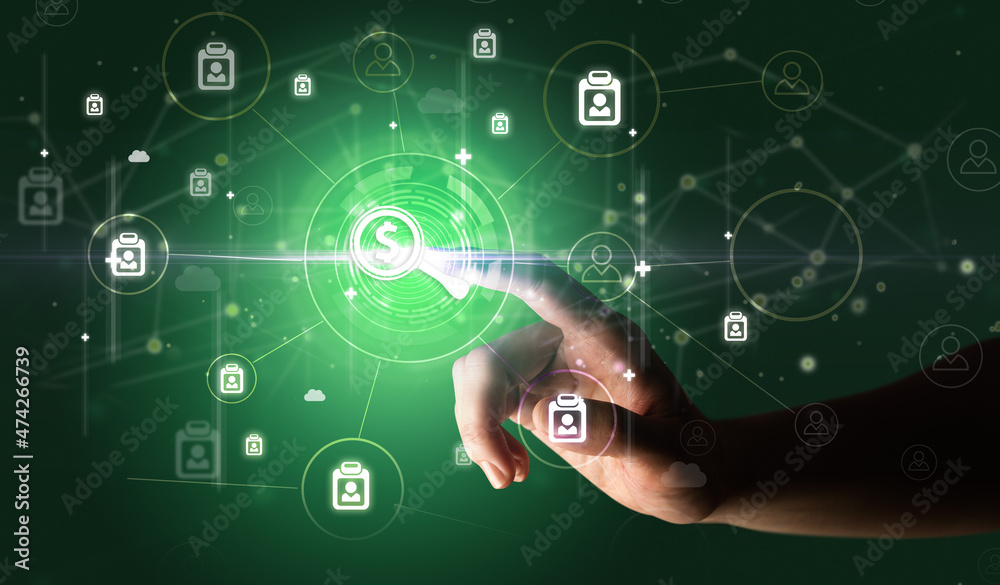 Obraz premium Businessman hand pressing stock graphic information on multitouch screen