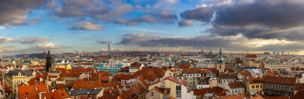 Panoramic view of Prague from the Prague Castle, Czech Republic. Aerial view of Praha city with red roofs.