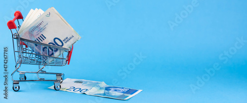 Banner. Israel money shekel banknotes in shopping cart on blue background. Exchange Rates and buy sell currency concept. photo
