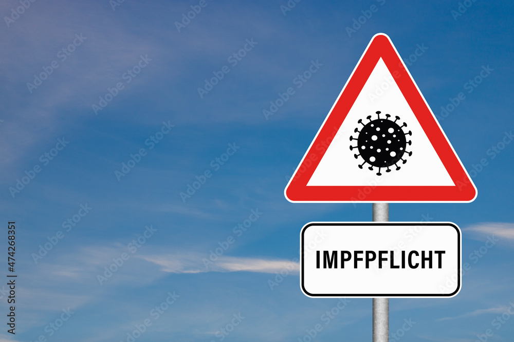 Schilder mit Virengrafik und Text Impfpflicht. Schilder mit Virengrafik und Text Impfpflicht.