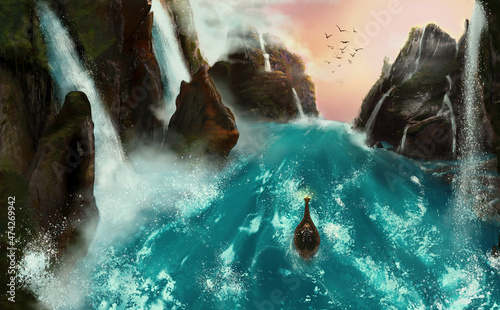 Digital landscape illustration of a burial boat floating down a mountain river surrounded by waterfalls