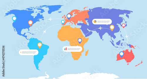 Colorful Earth map with seven parts of the world and planes traffic location information