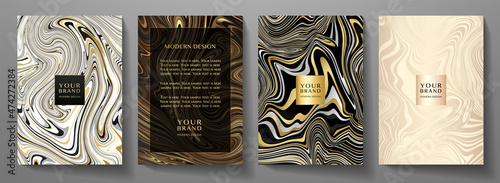 Abstract cover, frame design set. Vector background collection with black, gold, white line pattern (marble texture). Template for invitation, wedding card, menu design, notebook
