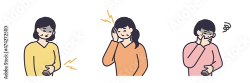 腹痛、頭痛、吐き気に悩む女性のイラスト素材