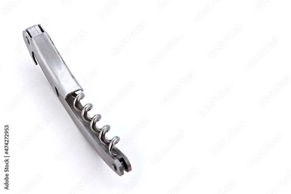 Shiny metallic corkscrew on white background with space for text, minimal concept, wine bottle opener, cork Shiny metallic corkscrew on white background with space for text, minimal concept, wine bottle opener, cork