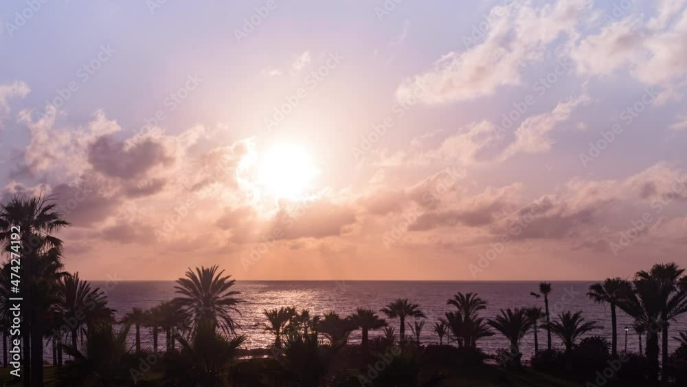Time lapse. Panoramic view to palm trees sunset beach. Hot sun sets over sea horizon making clouds to pink, violet and purple pastel colors. Aerial view Time lapse. Panoramic view to palm trees sunset beach. Hot sun sets over sea horizon making clouds to pink, violet and purple pastel colors. Aerial view