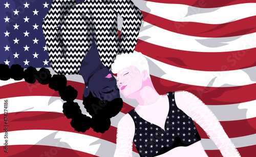 Two diverse people laying on American flag