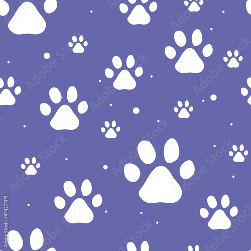 Cat paws seamless vector pattern. Cat paw. Very peri color of the 2022 year.  Flat concept vector illustration