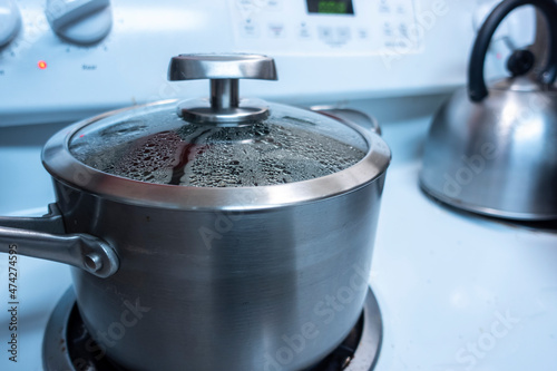 Close up view of a large, silver pot with the lid on, steam forming inside as it keeps a cooked meal warm on a stove top photo