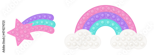 Popit figure pastel rainbow and pink star tail as a fashionable silicon toy for fidgets. Addictive anti stress toy in colorful colors. Bubble developing pop it toys for kids. Vector illustration