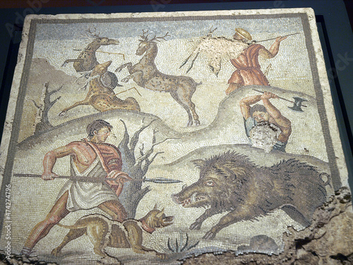 Mosaic panel with the Calydonian boar-hunt. From the Roman villa on Montevenere / 1st century B.C./ photo