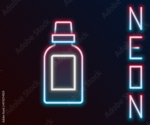 Glowing neon line Plastic bottle for laundry detergent, bleach, dishwashing liquid or another cleaning agent icon isolated on black background. Colorful outline concept. Vector