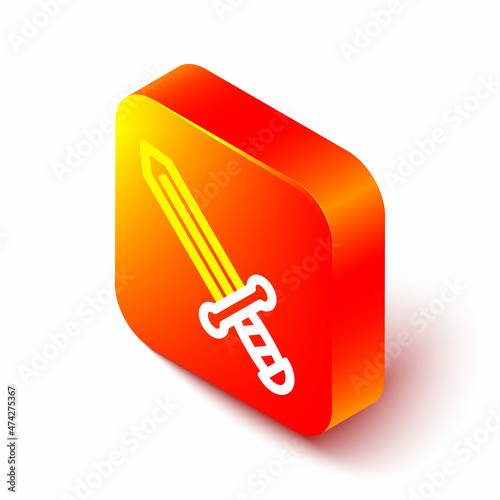 Isometric line Medieval sword icon isolated on white background. Medieval weapon. Orange square button. Vector