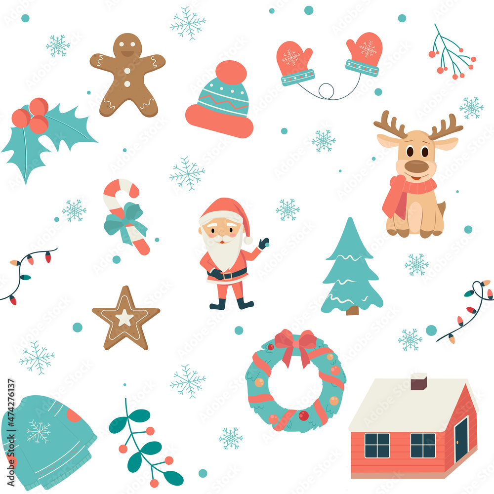 Seamless winter pattern with snowflakes, Santa Claus, warm clothes and house