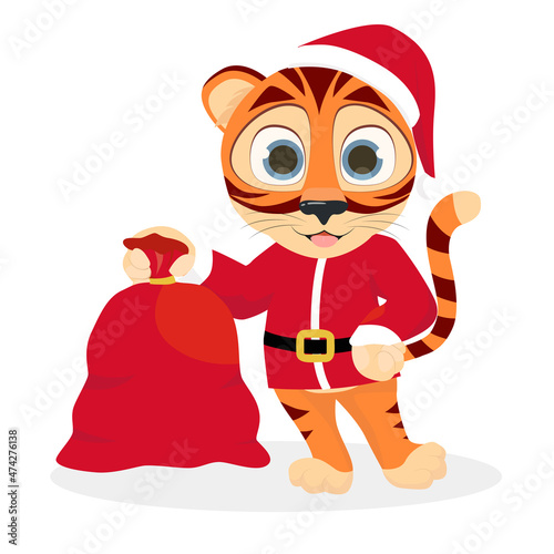 Tiger in Santa's clothes with gift bag