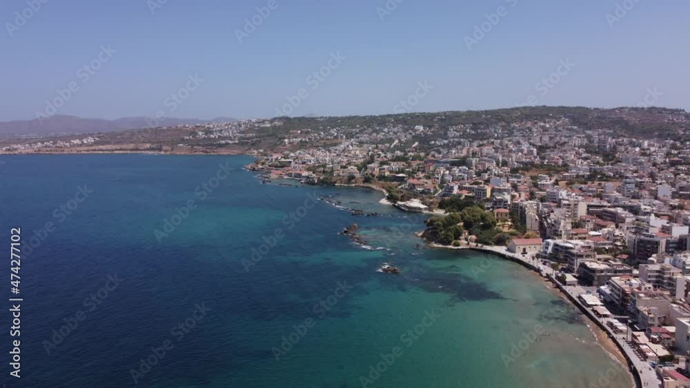 Panoramic aerial view from above of the city of Chania, Crete island, Greece. Landmarks of Greece, beautiful venetian town Chania in Crete island. Chania, Crete, Greece. Panoramic aerial view from above of the city of Chania, Crete island, Greece. Landmarks of Greece, beautiful venetian town Chania in Crete island. Chania, Crete, Greece.